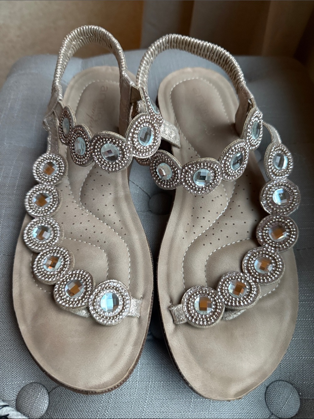 Annie Champagne Beaded Gem T‑Strap Sandals